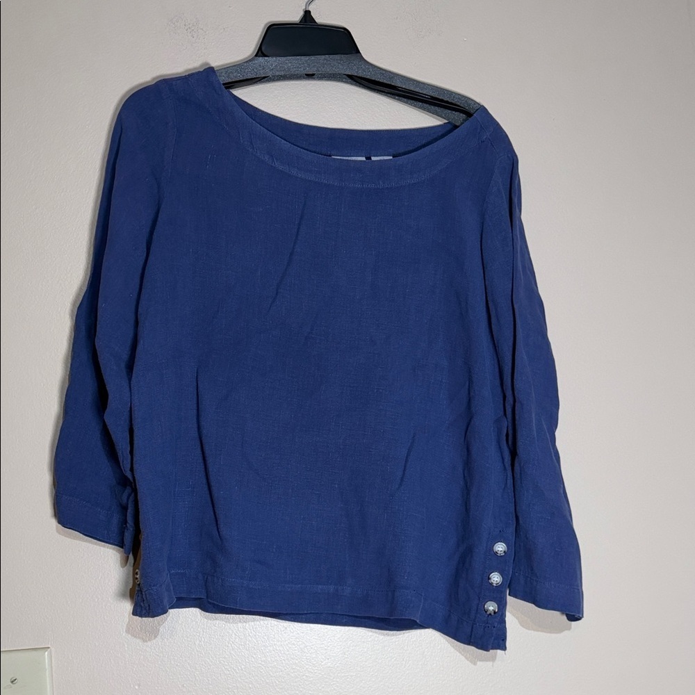 Sigrid Olsen Navy Three-Quarter Sleeve Button Accent Top